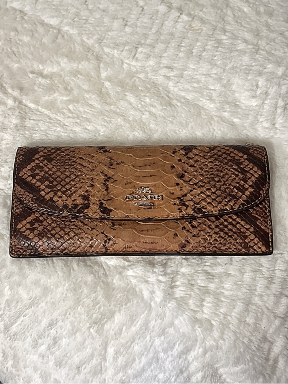 Coach Tan and Dark Brown Snake-Print Leather Continental Slim Wallet